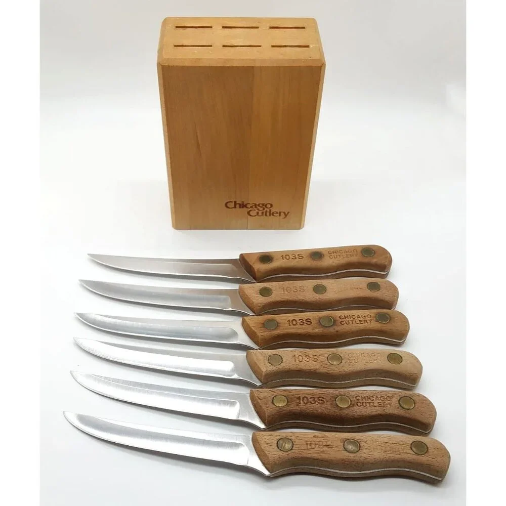 Set of 6 Vintage Chicago Cutlery 103S Steak Knives with Block